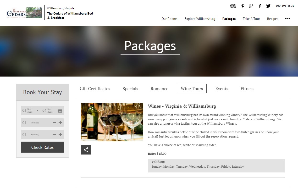 The Ceders of Williamsburg B&B offers potential guests a variety of booking packages that create additional revenue
