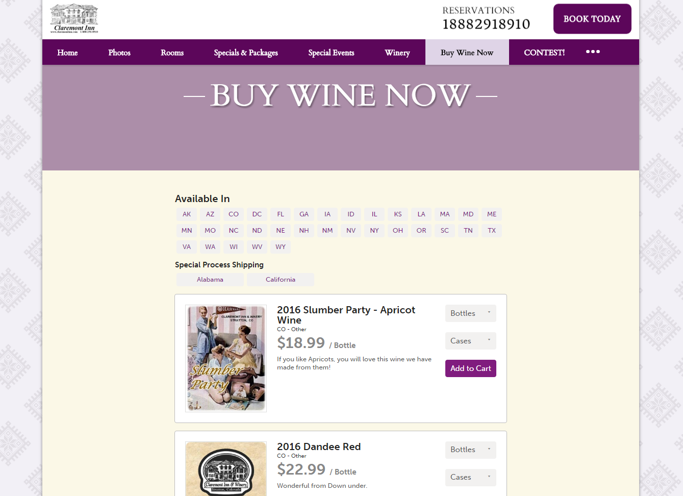 Claremont Inn and Winery ecommerce store