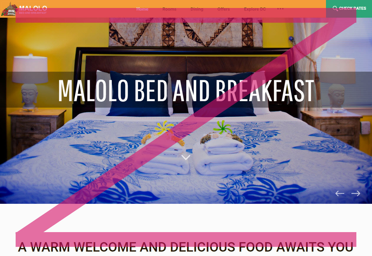 The Malolo B&B's homepage shows how people read visually driven websites in a Z-pattern. Call to action in the top right corner.