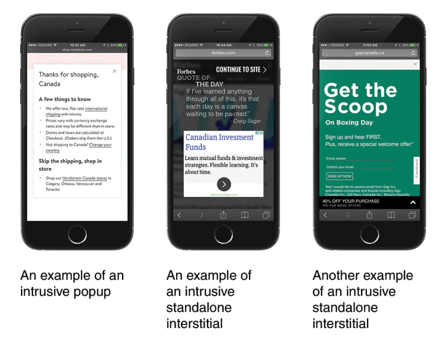 Examples of intrusive pop ups to be punished by Google