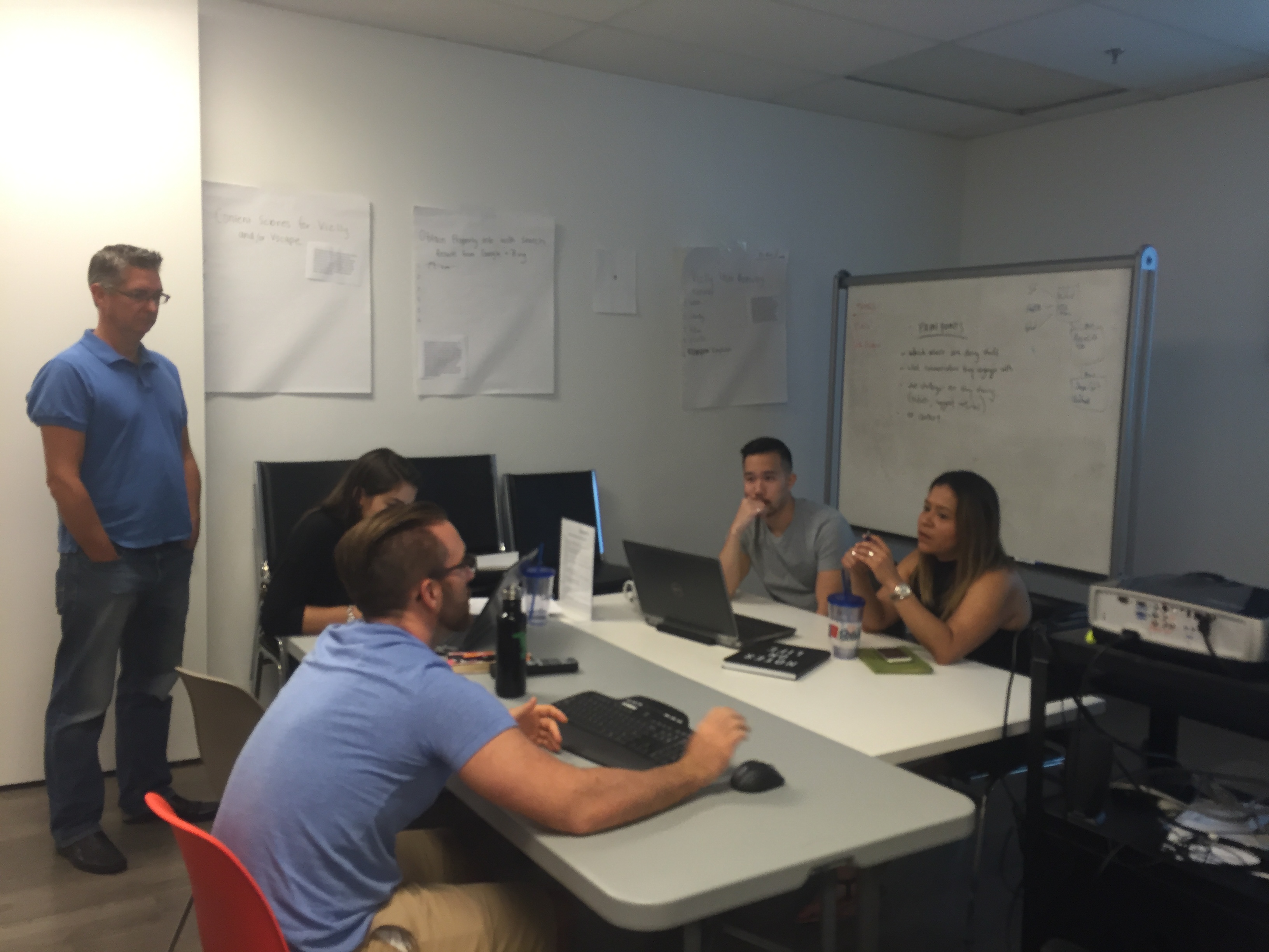 A Leonardo Hackathon Team works on their idea with representatives from multiple departments