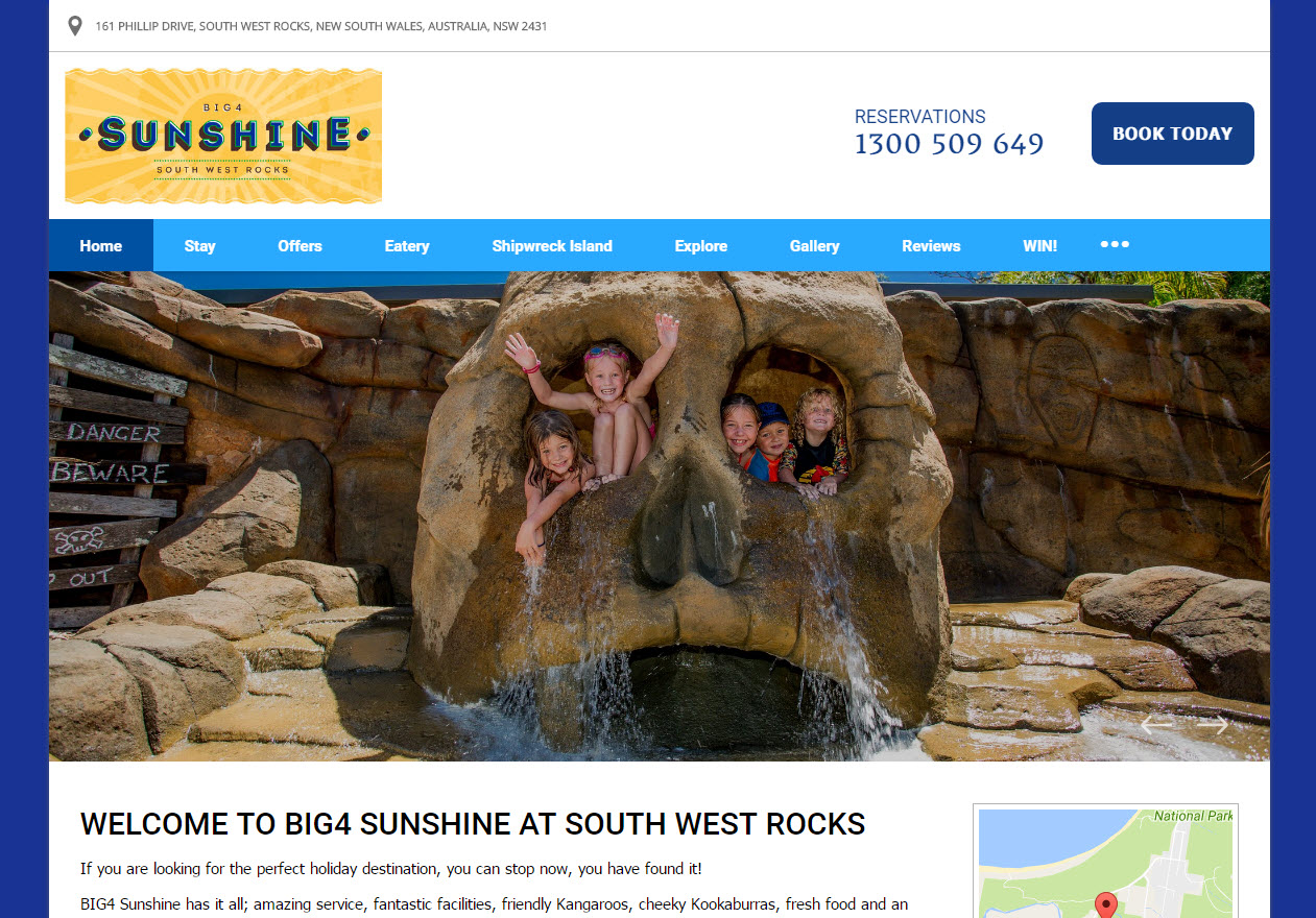 Big4 Sunshine Hotel homepage featuring their waterpark