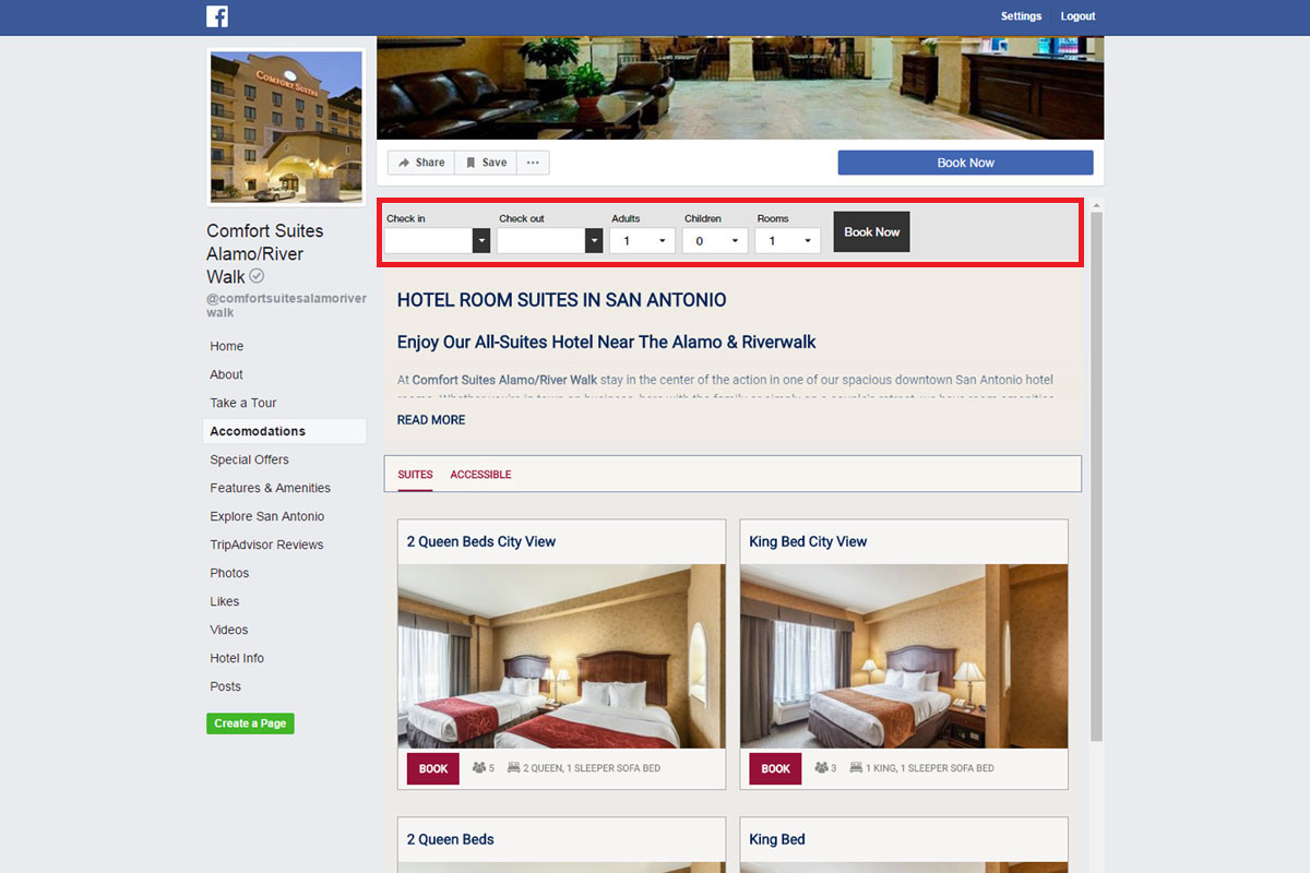 Example of Vizlly Facebook App with booking engine integration