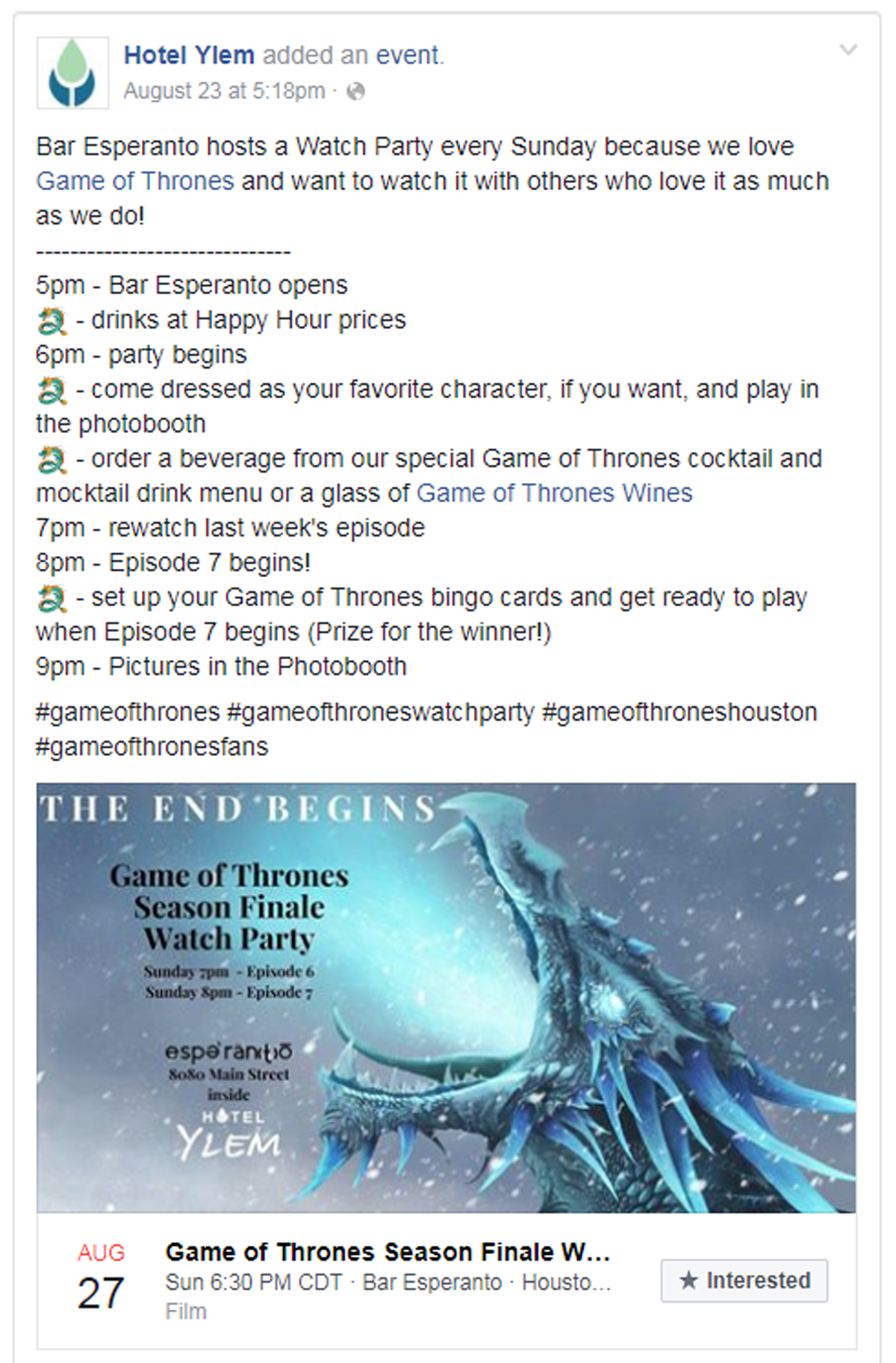 game of thrones viewing party facebook post