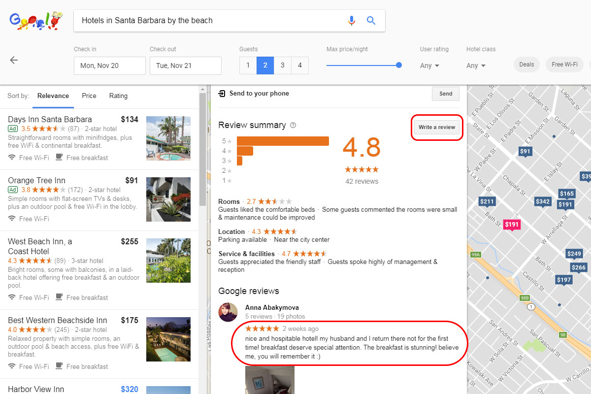 guest reviews with star rating google